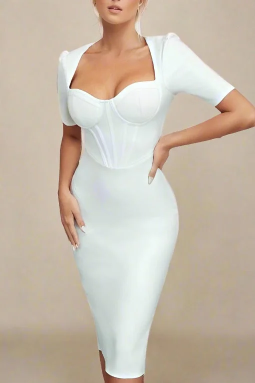 Lola Short Sleeve Bodycon Midi Dress - Pearl White