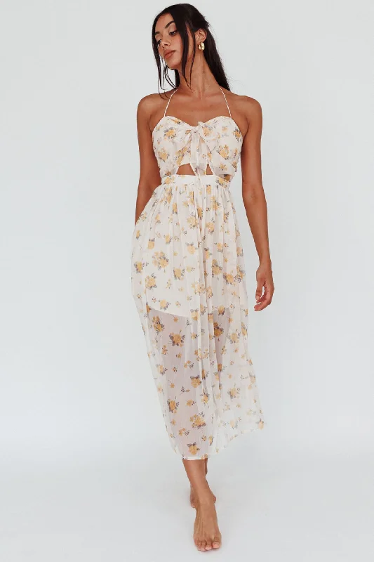 Los Feliz Tied Bust Halterneck Midi Dress Sheer Floral Yellow