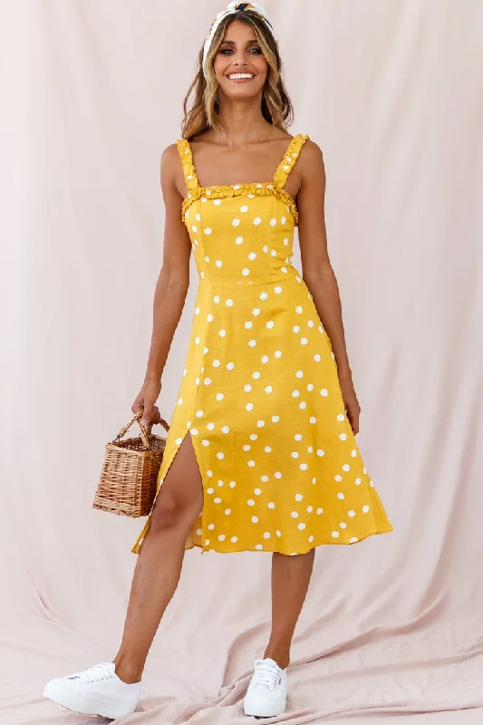 Magdalene Frill Strap A-Line Midi Dress Yellow Mustard