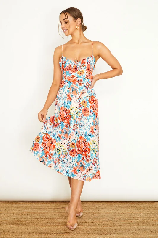 Malibu Gathered Bust Cami Strap Midi Dress Floral Orange