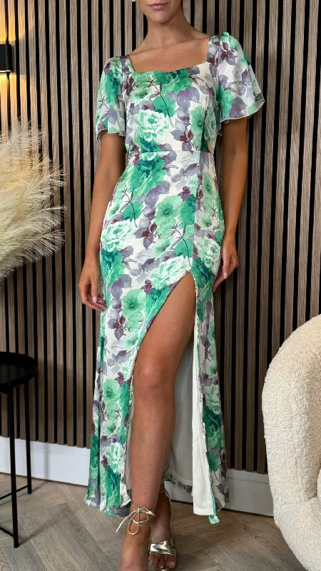 Marley Green & Purple Printed Sweetheart Neck Maxi Dress