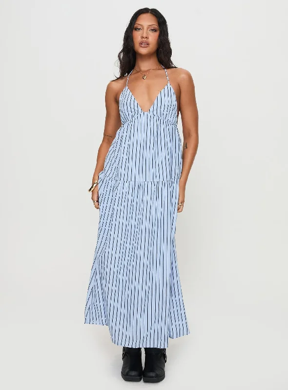 Mazzey Halter Maxi Dress Blue Stripe