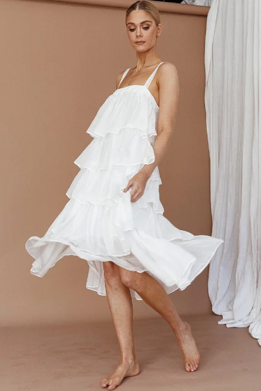 Merry Layered Frill Midi Dress White