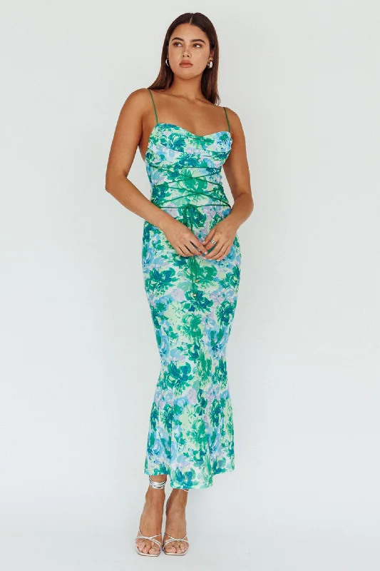 Teava Laced Waist Midi Dress Floral Green