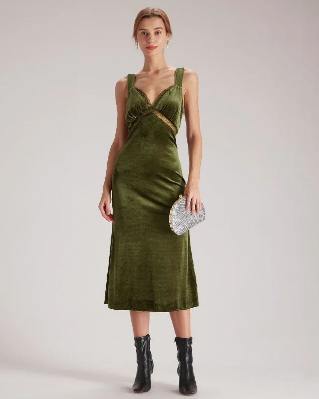 The Green V Neck Cutout Velvet Midi Dress