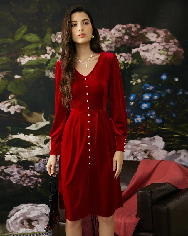 The Pearl Button Red Velvet Dress