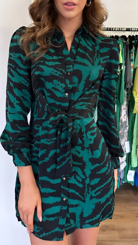 Yesenia Green Animal Print Mini Shirt Dress